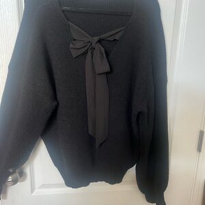 SHEIN Black V-Neck Sweater with Bow Accent